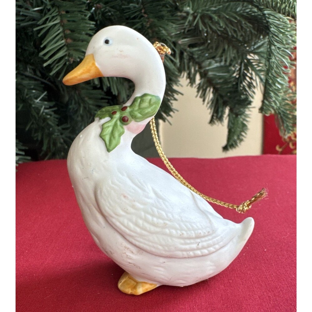 Vintage HOMCO White Goose Christmas Ornament Holly Collar Porcelain 5255